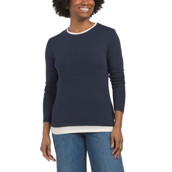 THREE DOTS Navy Veronica Layered Tee - Picture 1 of 2